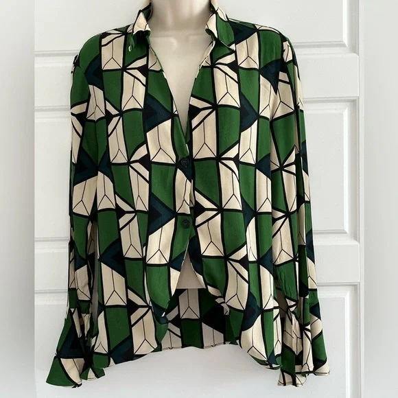 Zara Green Black Cream Geometric Printed Collared V-neckline Blouse Size Large - Picture 3 of 16